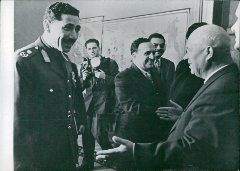 Field-Marshal Abdel Hakin Amer, Vice-President of the United Arab Republic, meets with Soviet leader Nikita Khrushchev in Moscow on 9 February 1959. - Vintage Photograph