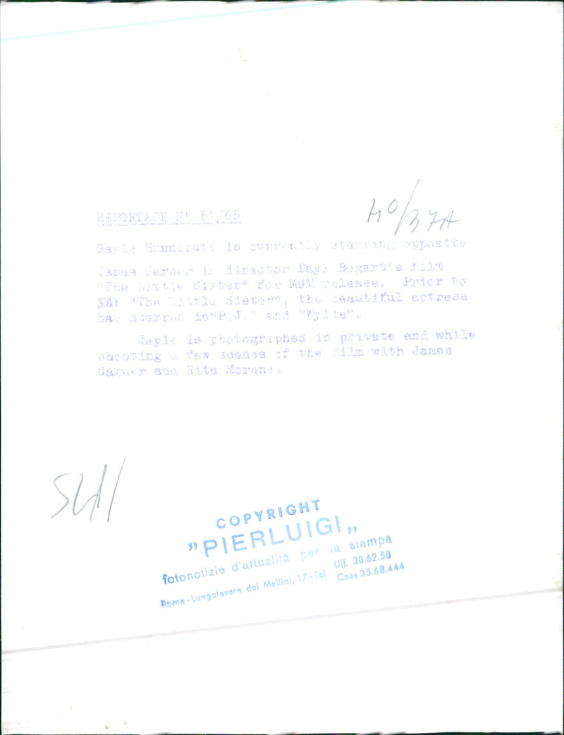 Cayla Hungisatt stars opposite James Garner in the MON Oleage film "The Little Sister", based on Days Bogart's novel. She is photographed in private and on set while shooting scenes with Garner and Rita Morang. - Vintage Photograph