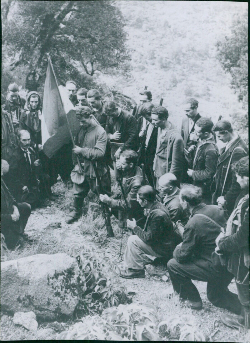 French patriots in Haute Savoie gather for a fan ceremony commemorating the liberation of France, June 15th, 1944. - Vintage Photograph