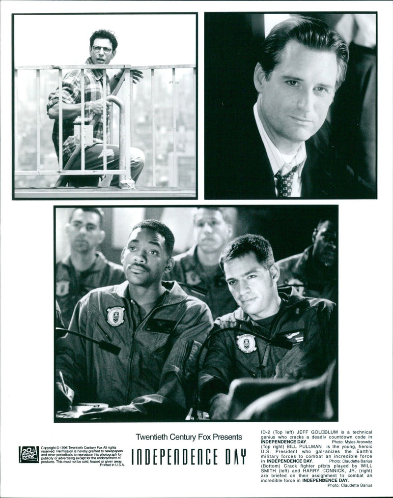 Actors Jeff Goldblum, Bill Pullman, Will Smith and Harry Connick Jr. are featured in Twentieth Century Fox's 1996 blockbuster film, "Independence Day". - Vintage Photograph