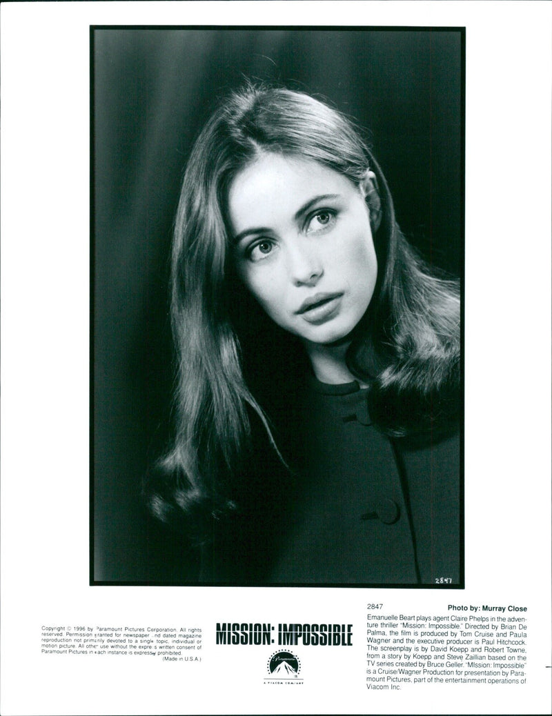 Actress Emanuelle Beart stars as agent Claire Phelps in the action-adventure film "Mission: Impossible," directed by Brian De Palma and produced by Tom Cruise and Paula Wagner. - Vintage Photograph