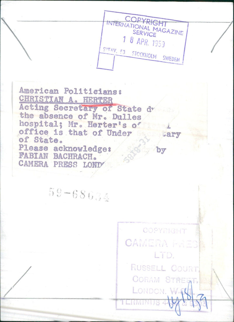 Acting Secretary of State Christian A. Herter takes on the role of Secretary of State in the absence of Mr. Dulles at a hospital in Stockholm, Sweden on April 8, 1959. - Vintage Photograph