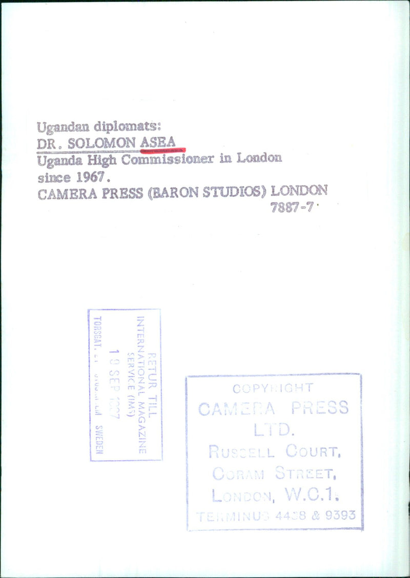 DR. SOLOMON ASEA, Uganda's High Commissioner to London since 1967, attends an official meeting with diplomats in London. Photo taken on September 19, 2007. - Vintage Photograph