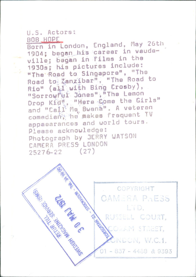 Veteran comedian Bob Hope, seen here in 1972, has starred in films such as "The Road to Singapore", "The Road to Zanzibar", and "The Lemon Drop Kid". - Vintage Photograph