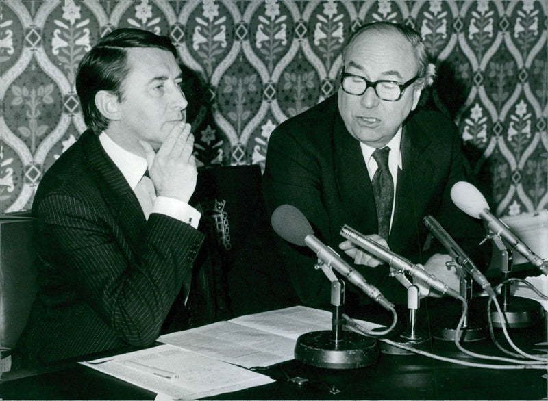 Roy Jenkins and David Steel, at joint press conference in London, 1983. - Vintage Photograph