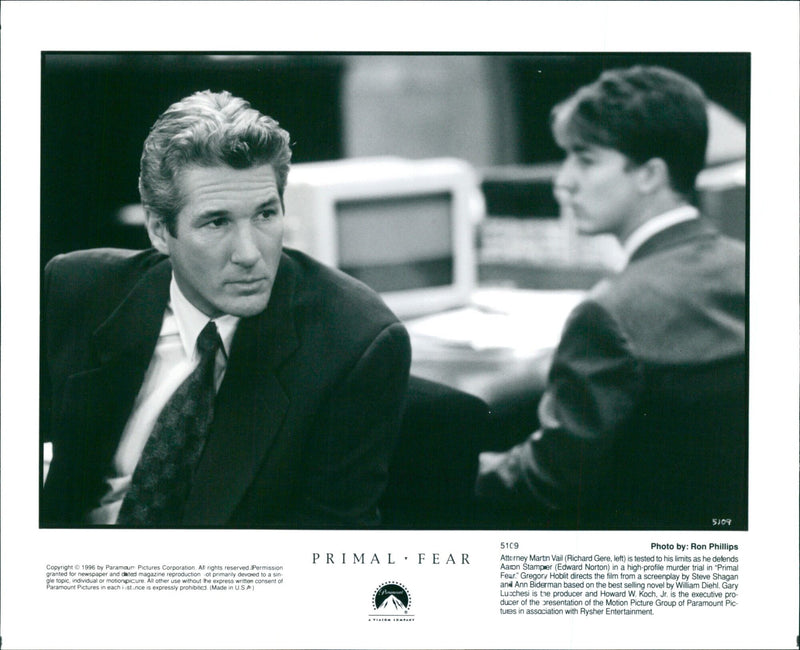 Attorney Martin Vail (Richard Gere, left) and defendant Aaron Stamper (Edward Norton) put on a dramatic show in the courtroom in "Primal Fear." - Vintage Photograph