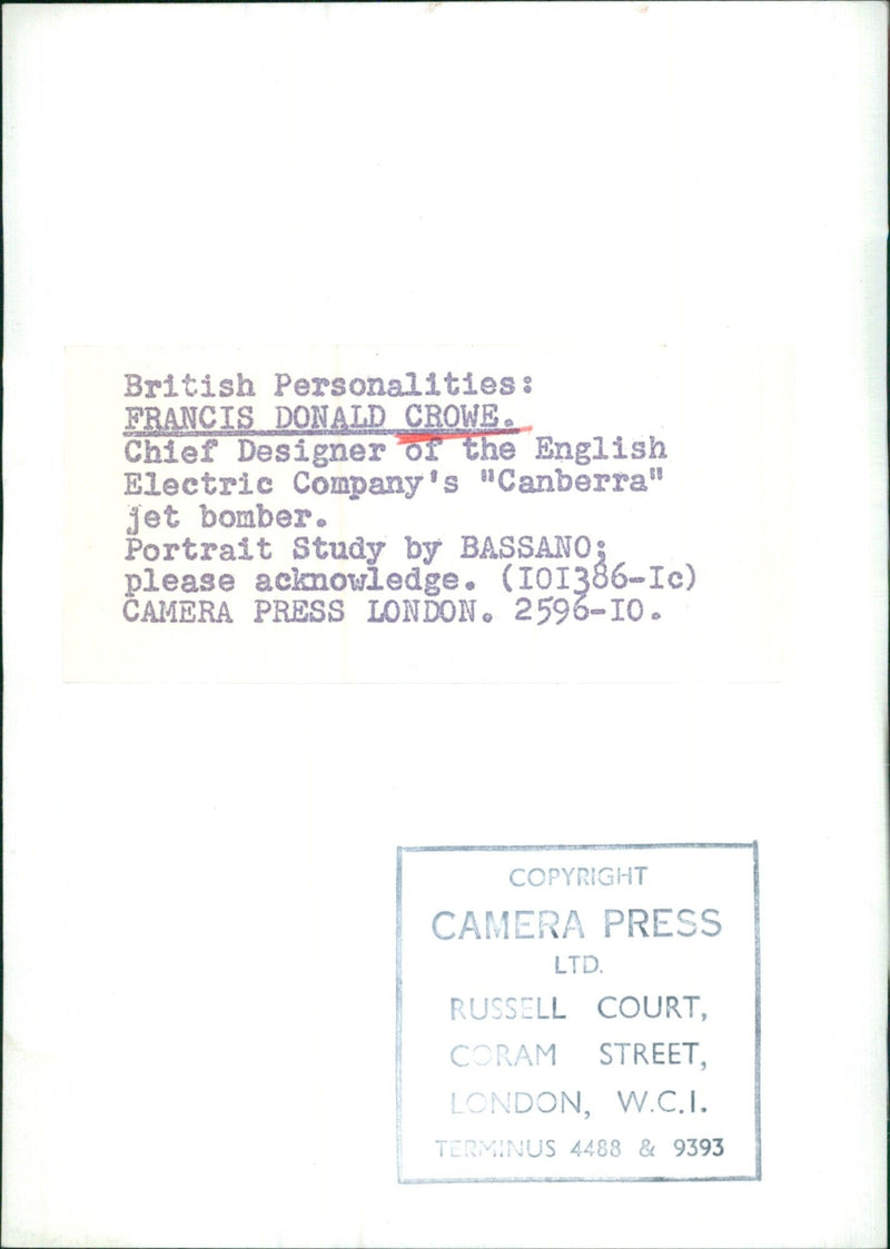 Francis Donald Crowe, Chief Designer of the English Electric Company's "Canberra" jet bomber, poses for a portrait study by Bassano in London, England. - Vintage Photograph