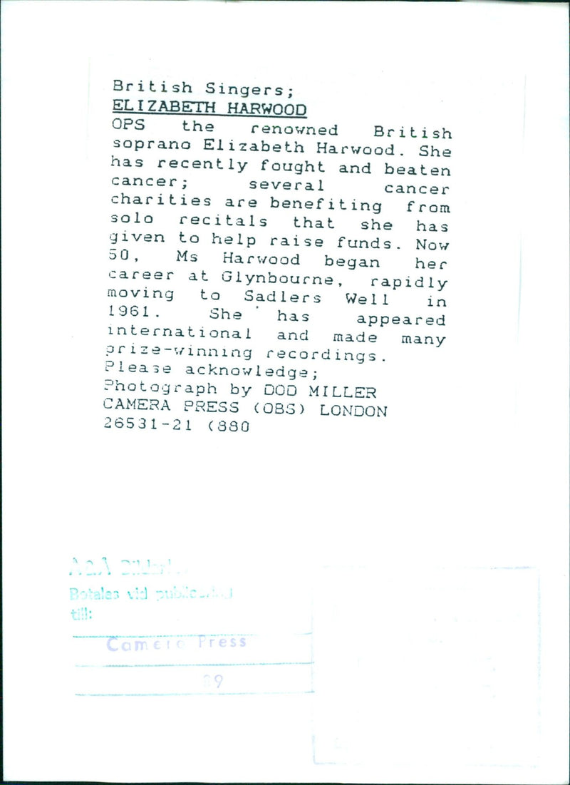 British soprano Elizabeth Harwood celebrates 50 years of singing with a series of solo recitals to benefit cancer charities. - Vintage Photograph