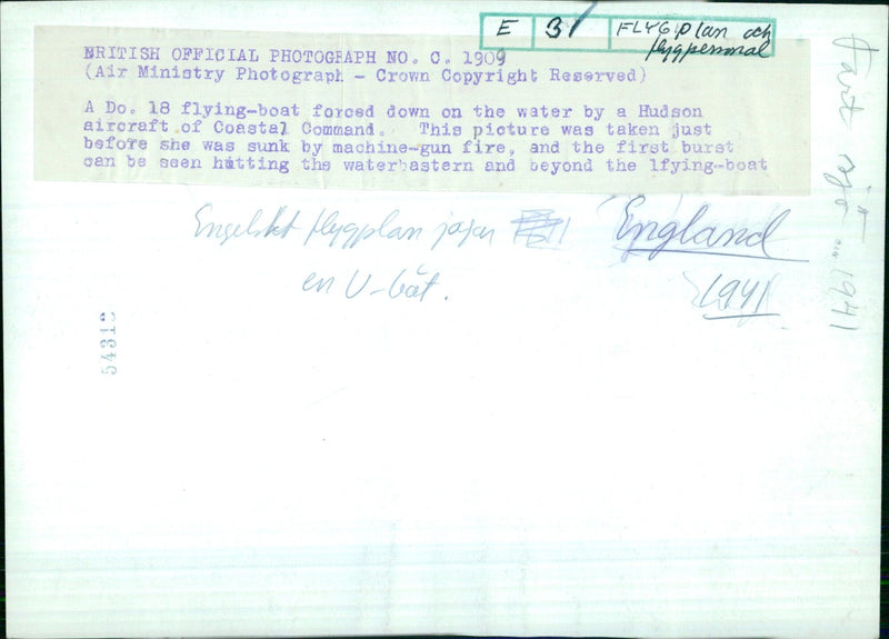 A British Do. 18 flying-boat is forced down on the water by a Hudson aircraft of Coastal Command over England in 1941. - Vintage Photograph