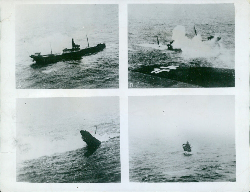 On October 29th, 1940, a British 2000 BRT steamer is sunk off the Irish coast after receiving a direct hit, as seen in these photos of the ship's keel explosion, the ship's stoppage, and its eventual sinking. - Vintage Photograph