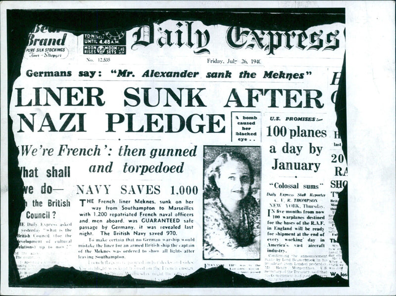 On July 26, 194C, the German-pledged French liner Meknes was sunk by the British Navy in the English Channel. The British Navy saved 970 of the 1,200 repatriated French naval officers and men onboard. - Vintage Photograph