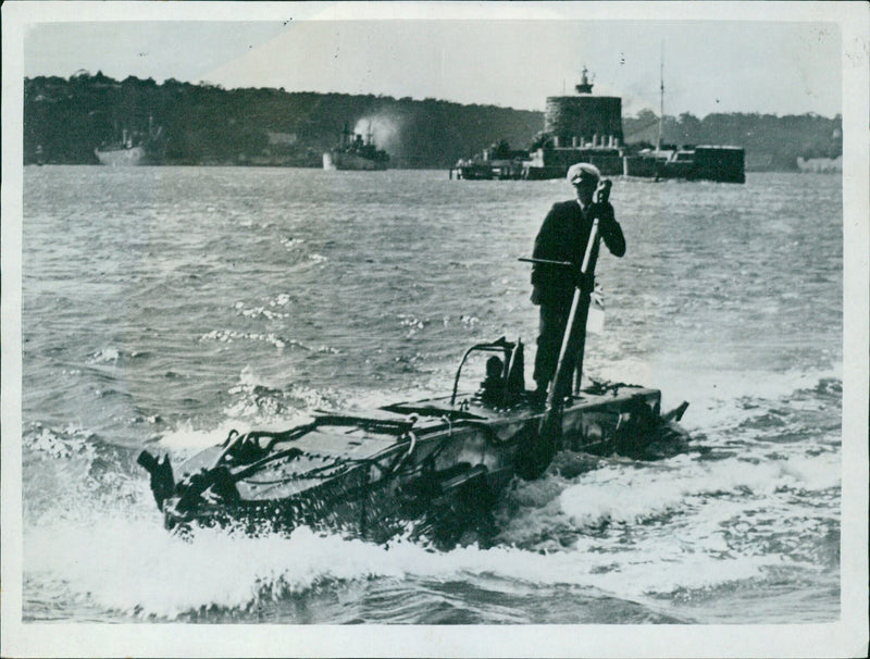 British Royal Navy midget submarines maneuver at full speed in Sydney Harbour on October 11th, 1945. - Vintage Photograph