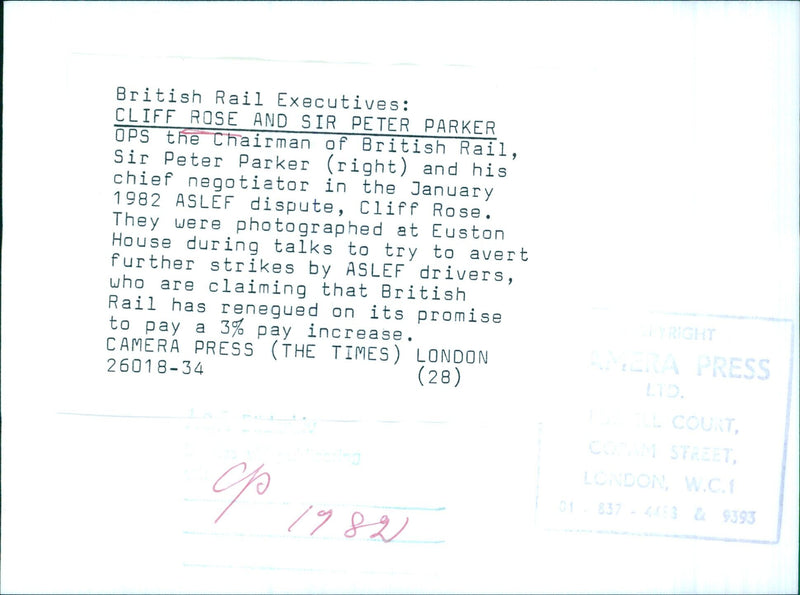 British Rail Executives Sir Peter Parker (right) and Cliff Rose hold talks at Euston House in an effort to avert further strikes by ASLEF drivers in January 1982. - Vintage Photograph