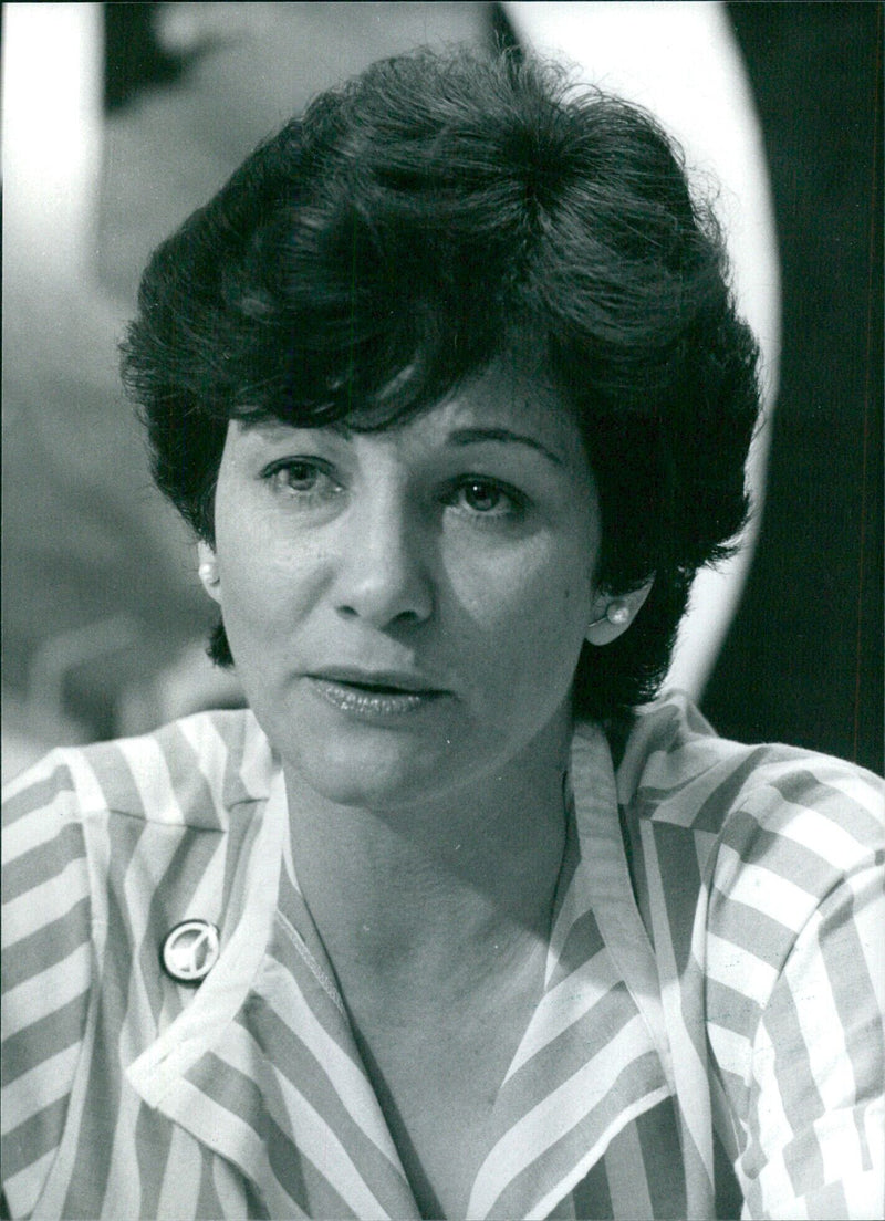 British peace campaigner Joan Ruddock, the Chairperson of the Campaign for Nuclear Disarmament (CND) since 1981, poses for a photograph in 1983. - Vintage Photograph