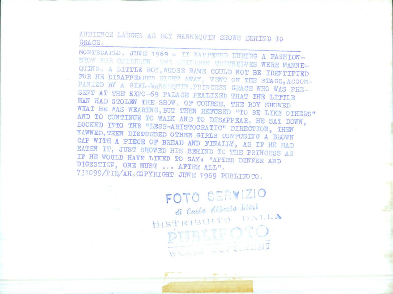At an expo in Monte Carlo in June 1969, a young boy steals the show by showing his behind to Princess Grace as a form of protest. - Vintage Photograph