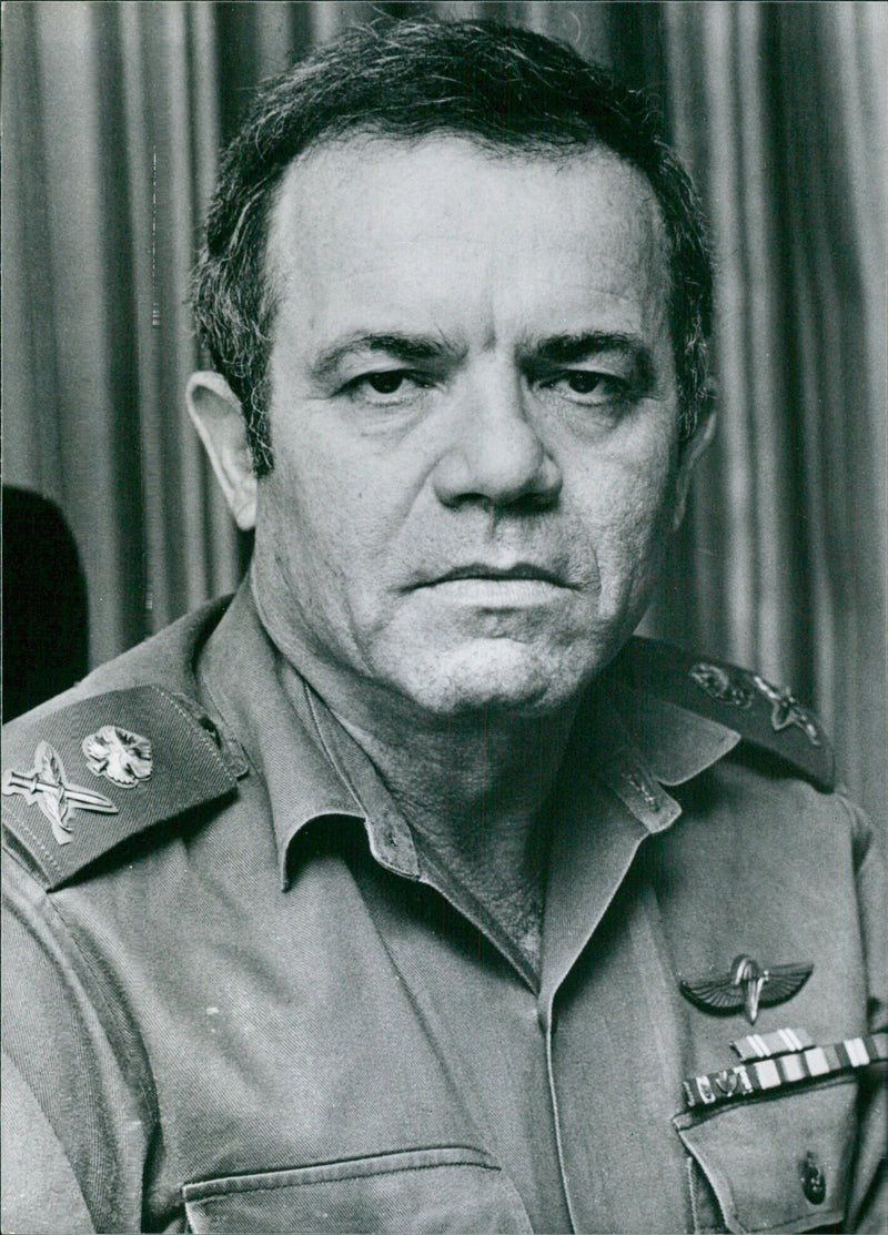 Major-General Avraham Tamir, Head of Planning of the Israel Defence Forces, is pictured at a press conference in London on January 10, 1980. - Vintage Photograph