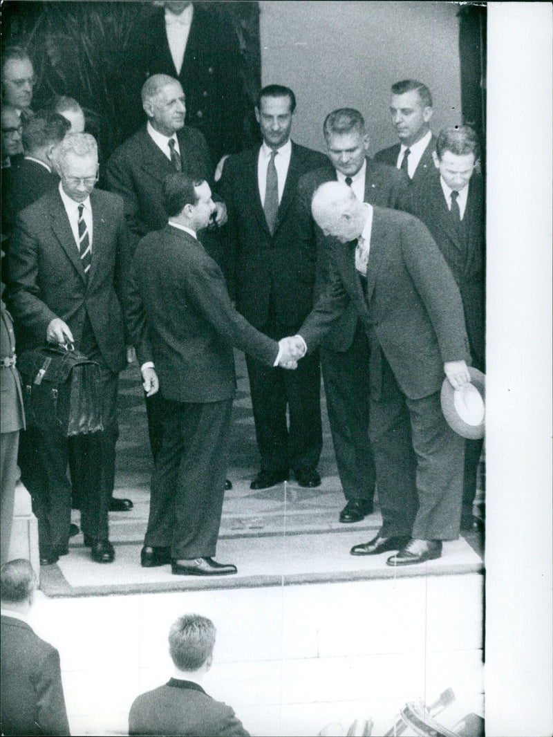 French President Charles de Gaulle and Swedish Prime Minister Tage Erlander meet for diplomatic talks in Stockholm, Sweden on May 12, 1960. - Vintage Photograph