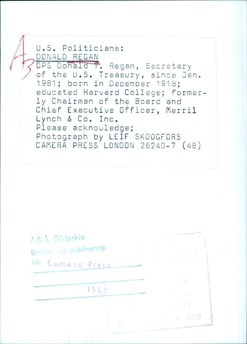 Secretary of the U.S. Treasury, Donald T. Regan, gives a speech at a press conference in 1984. - Vintage Photograph