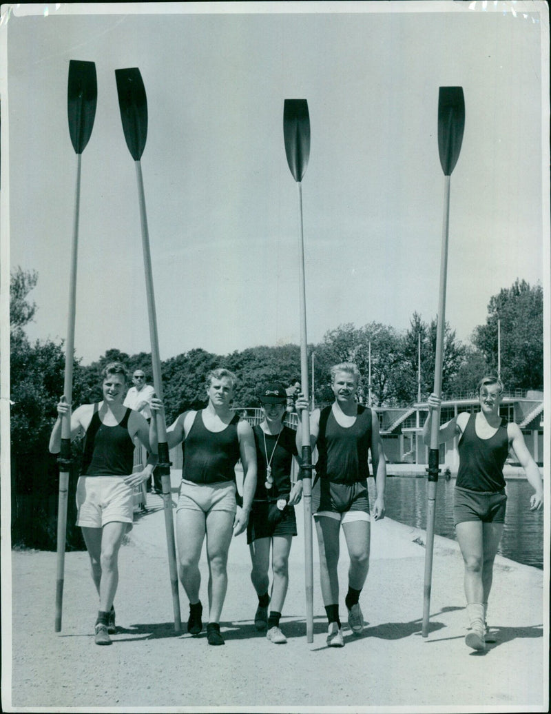 Oxford University Coxed Four team members prepare for the upcoming Henley Regatta. - Vintage Photograph