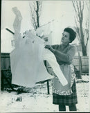 Anne Welham attempts to free her husband's frozen shirt from the line. - Vintage Photograph