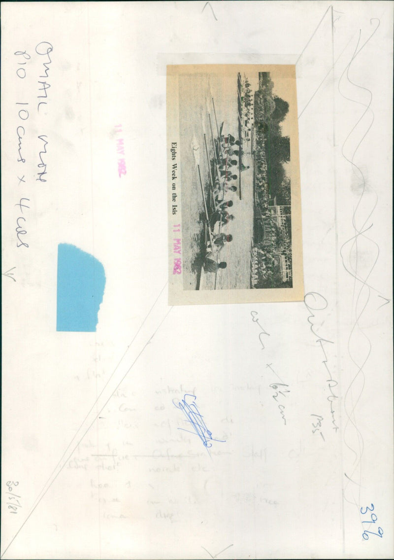 A group of rowers competing in Eights Week on the Isis River in Oxford, England. - Vintage Photograph