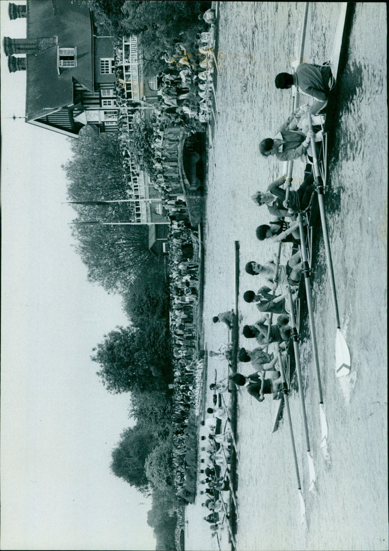 A group of rowers competing in Eights Week on the Isis River in Oxford, England. - Vintage Photograph