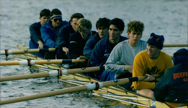 Oxford University Boat Race crew in training for upcoming annual clash against Andy Lobbenberg. - Vintage Photograph