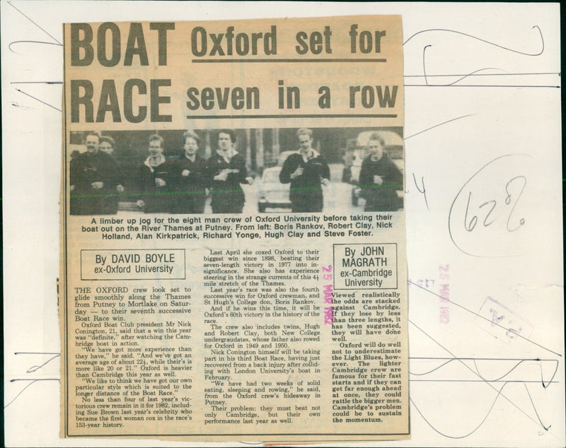 The eight man crew of Oxford University limber up for their boat race against Cambridge on the River Thames at Putney. - Vintage Photograph