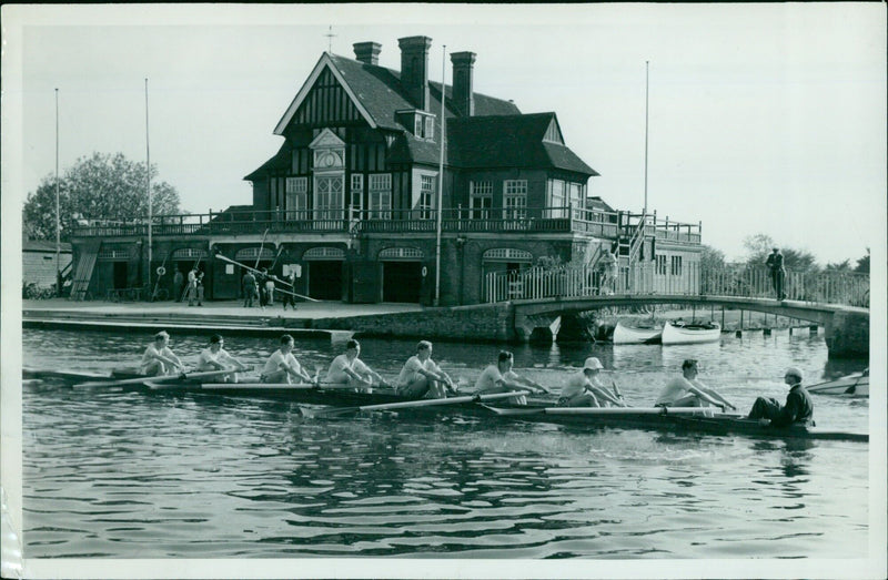 British rowers compete in the Summer Eights competition at Christ Church boat house. - Vintage Photograph