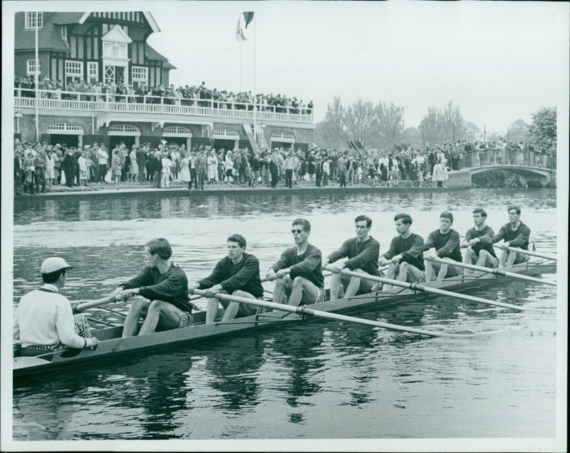 Oxford University rowing team competes on the River Thames. - Vintage Photograph