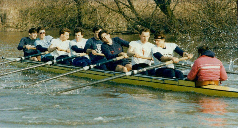 Oxford University Boat Race team members practice for their upcoming annual race against Cambridge. - Vintage Photograph