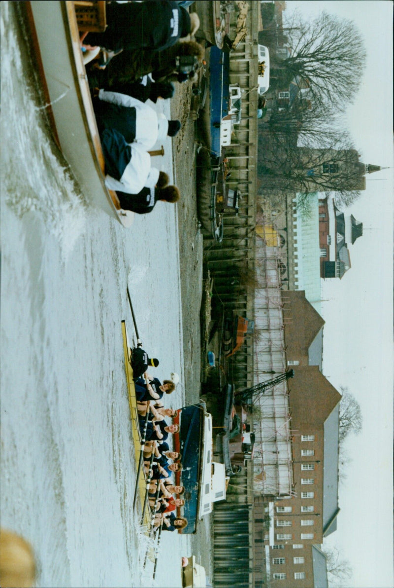 Participants of the Boat Race between Oxford and Cambridge universities compete for a place in the race. - Vintage Photograph