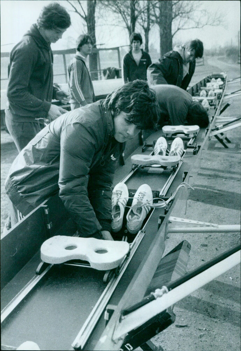 Members of a crew prepare a boat for launch at Radley. - Vintage Photograph