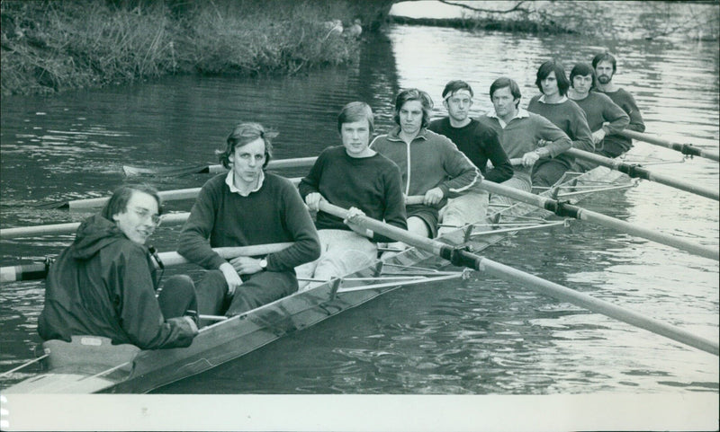 Oxford University lightweights preparing for a training row at Godstow. - Vintage Photograph