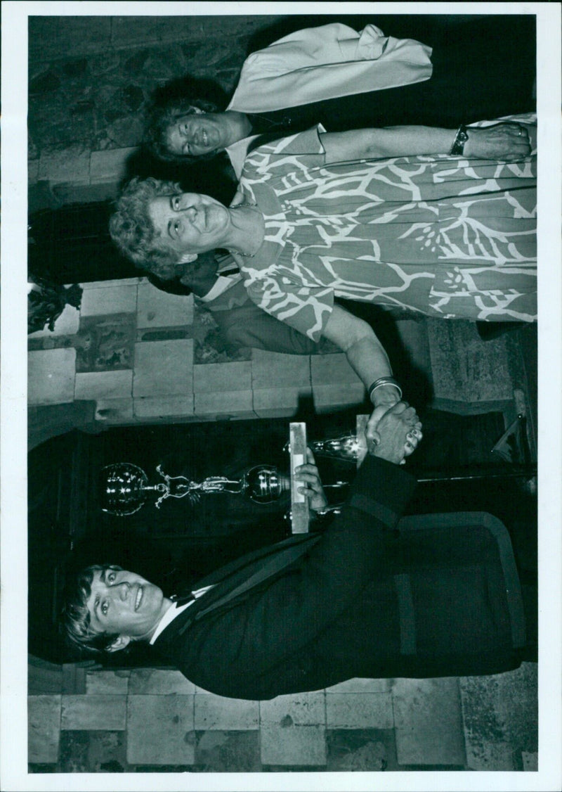 Oxford University President Lynton Richmond receiving a special trophy from the mayor of Mandelieu la Napoule, Madame Mureau. - Vintage Photograph