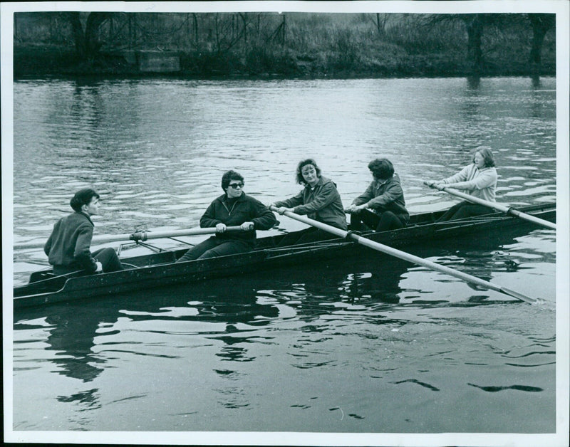 Ladies rowing crew practice on the Isis, Oxford. - Vintage Photograph