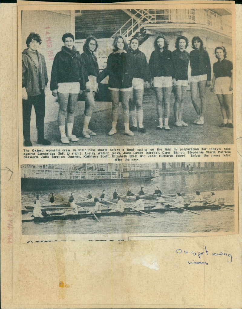 The Oxford women's crew prepares for a race against Cambridge on the river. - Vintage Photograph