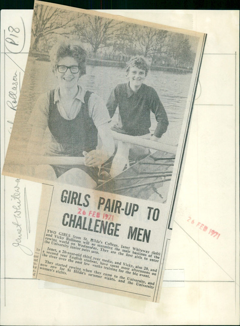 Two St. Hilda's College students, Janet Whiteway and Vicky Rollason, become the first women to challenge men's rowing events. - Vintage Photograph