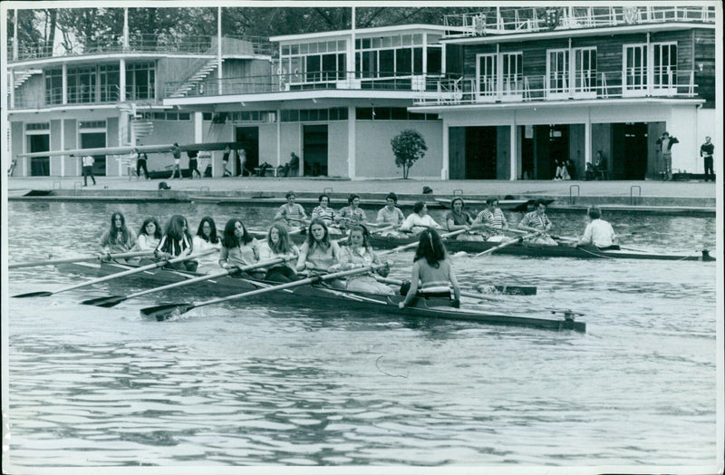 The Lady Margaret Hall Crew rowing on the Thames in Oxford, England. - Vintage Photograph