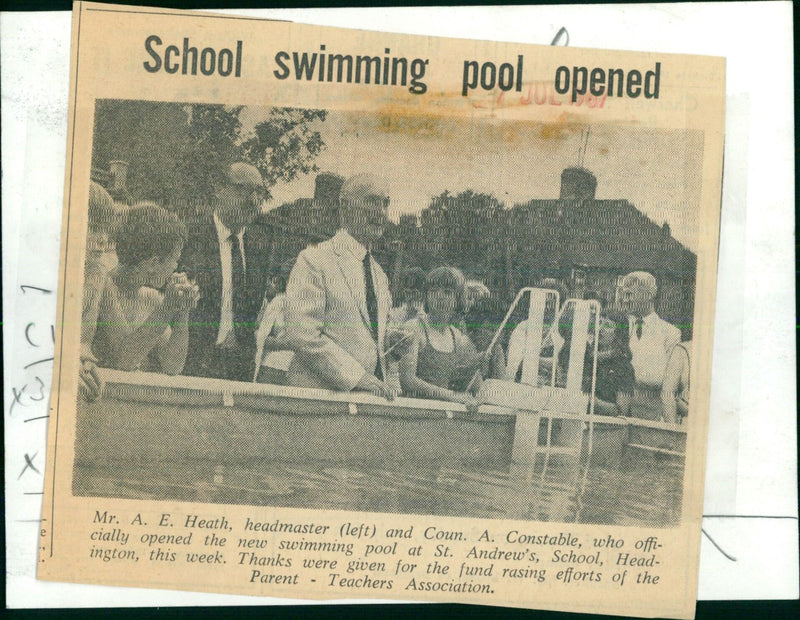 Mr. A. E. Heath, headmaster, and Coun. A. Constable, officially open the new swimming pool at St. Andrew's School in Headington. - Vintage Photograph