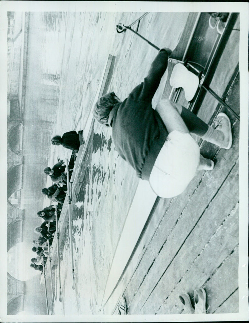 Eight-person trial eights prepare for the race. - Vintage Photograph