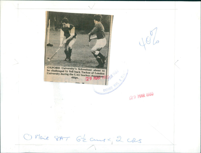 Oxford University's Schweitzer is challenged by London University's Tackoe during the UAU Hockey match. - Vintage Photograph