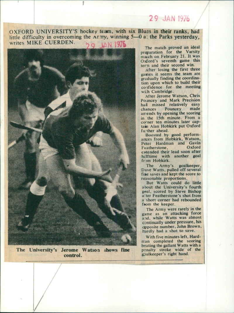 On January 29th, 1976, Oxford University's hockey team, with six Blues in their ranks, comfortably defeated the Army 5-0 at The Parks. - Vintage Photograph