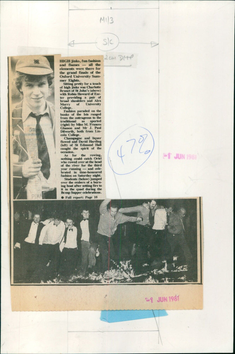 Students celebrate the Oxford University Summer Eights with high jinks, fun fashion and flames. - Vintage Photograph