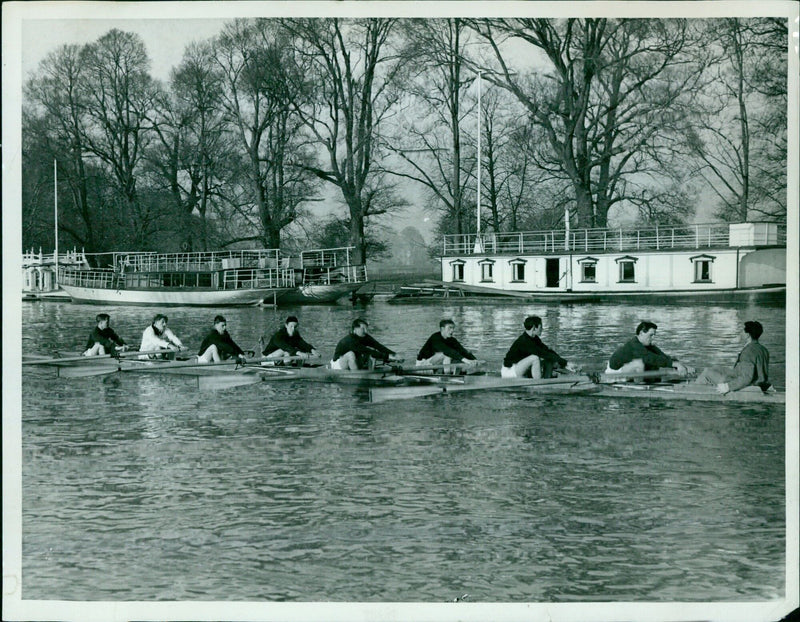 Magdalen College rowers train on the River Thames. - Vintage Photograph
