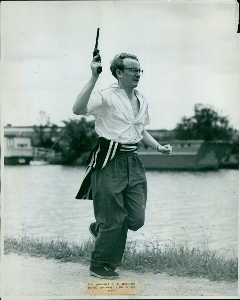 C.L. Robinson encouraging his college crew on the River Thames. - Vintage Photograph