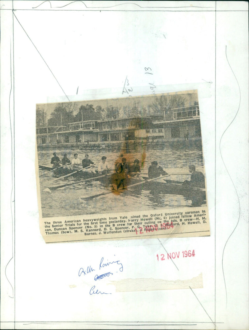 Three American heavyweights from Yale join Oxford University oarsmen in Senior Trials on the Isis. - Vintage Photograph