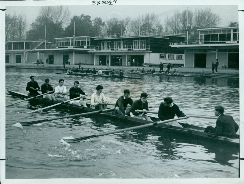 Three American heavyweights from Yale join Oxford University oarsmen in Senior Trials on the Isis. - Vintage Photograph