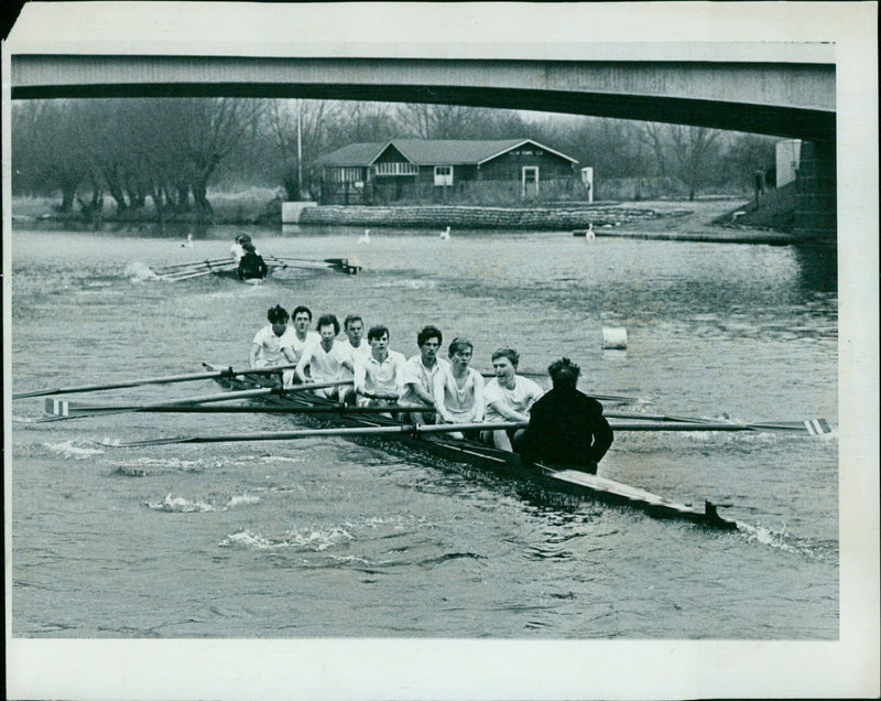 Oxford University rowers compete in the Torpids race. - Vintage Photograph