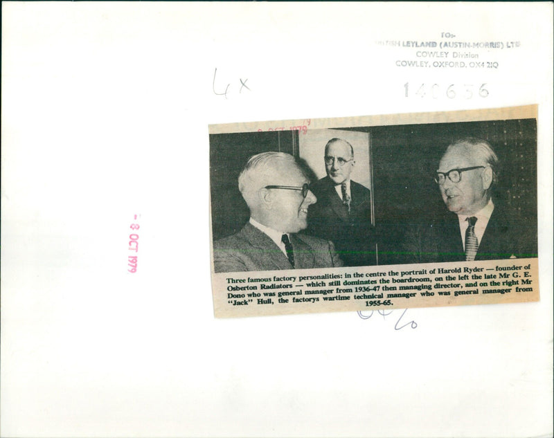 Three long-serving factory personalities are remembered in the boardroom of British Leyland's Cowley Division. - Vintage Photograph